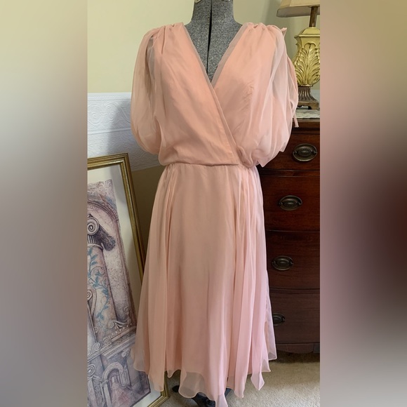 Vintage Chiffon Dusty Rose Midi Dress By Miss Elliette Size 14 1970’s. - Picture 1 of 11
